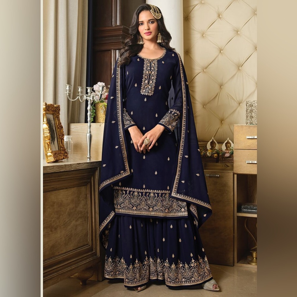 Navy Blue Top and Sharara With Heavy Embroidery Work for Pakistani Wedding Wear